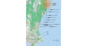 福島原発事故による危険な圏内を示した図（By HmanJp, CMG Lee and OpenStreetMap contributors, CC-BY-SA [CC BY-SA 3.0 (http://creativecommons.org/licenses/by-sa/3.0)], via Wikimedia Commons）