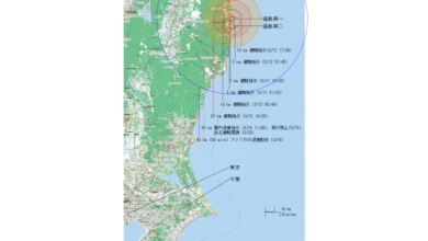 福島原発事故による危険な圏内を示した図（By HmanJp, CMG Lee and OpenStreetMap contributors, CC-BY-SA [CC BY-SA 3.0 (http://creativecommons.org/licenses/by-sa/3.0)], via Wikimedia Commons）