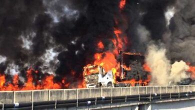 橋の上で炎上するトラックや乗用車（Corpo de Bombeiros）