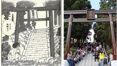 左：『グリンゴ』第３巻に出てくる勝ち組「東京村」の神社の鳥居;　右：ブラジル生長の家のイビウナ聖地にあるよく似た鳥居　