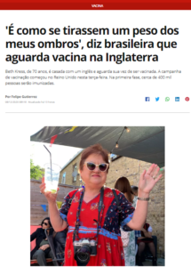 予防接種を待つイギリス在住のブラジル人女性（８日付Ｇ１サイトの記事の一部）